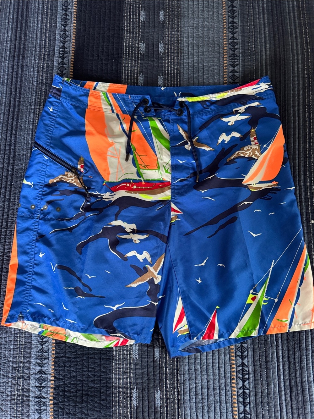 Ralph Lauren RLX Sailboat-Print Swim Board Shorts with Orange & Green Accents - Picture 2 of 15